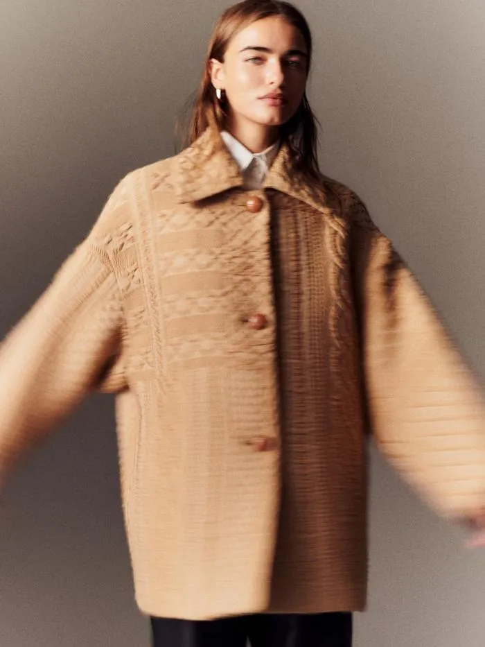 Ready To Wear WoolSilk Cable Jacquard Oversized Swing Coat Woodrose Lafayette 148 New York Jackets and Blazers