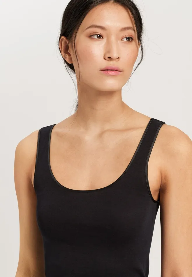 Round Neck Cotton Tank Top Black Women HANRO Tank Tops