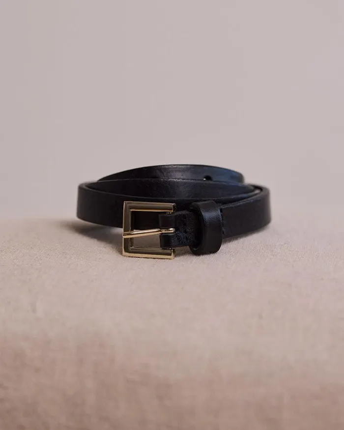 RWandCO Belts Skinny Leather Belt With Square Buckle Black 8211 Women
