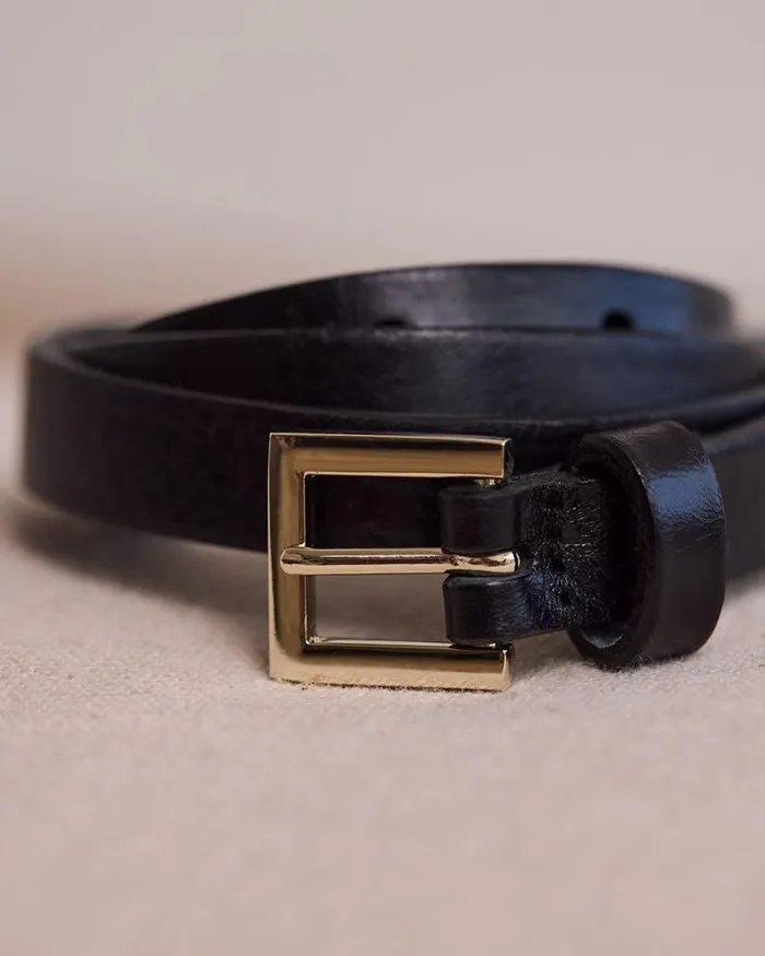 RWandCO Belts Skinny Leather Belt With Square Buckle Black 8211 Women