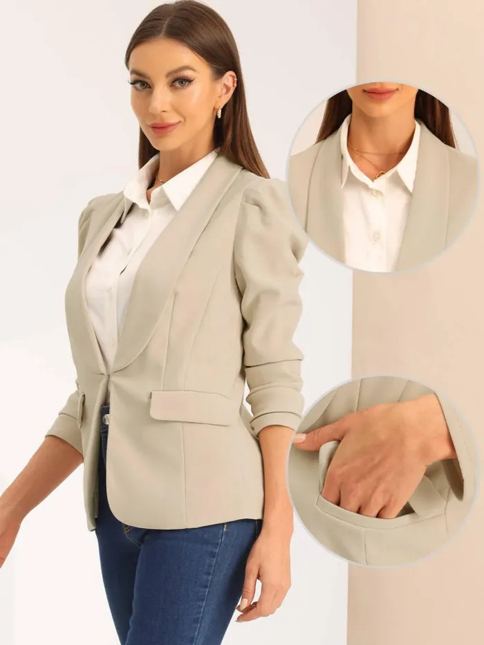 RWandCO Blazers Allegra K 8211 Shawl Collar Puff Sleeve Business Blazer Beige 8211 Women
