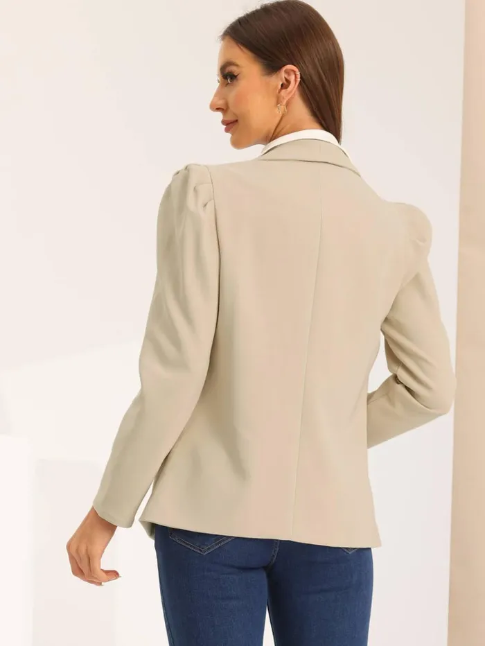 RWandCO Blazers Allegra K 8211 Shawl Collar Puff Sleeve Business Blazer Beige 8211 Women