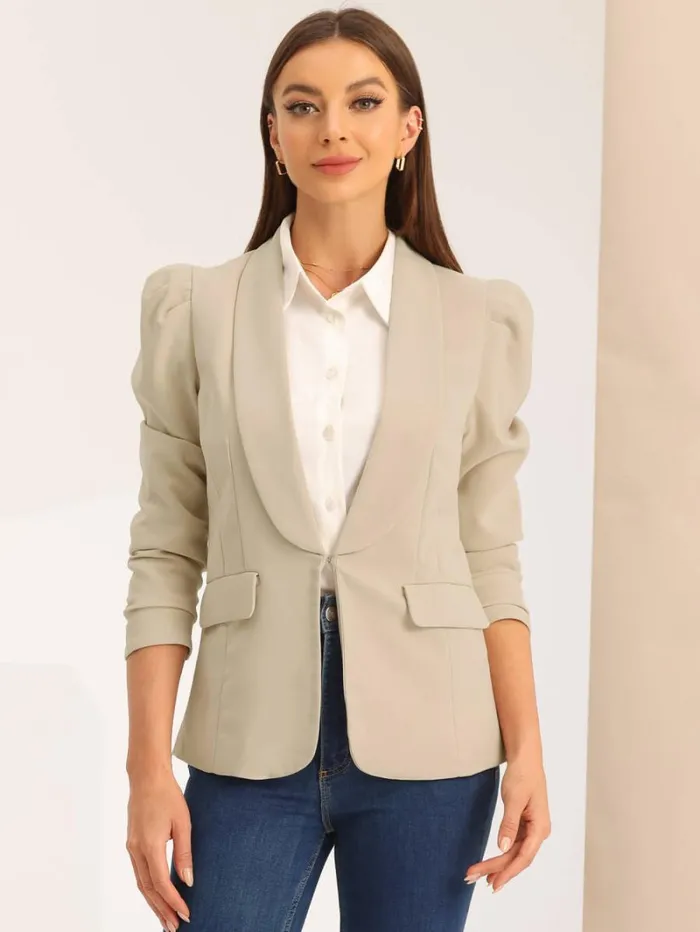 RWandCO Blazers Allegra K 8211 Shawl Collar Puff Sleeve Business Blazer Beige 8211 Women