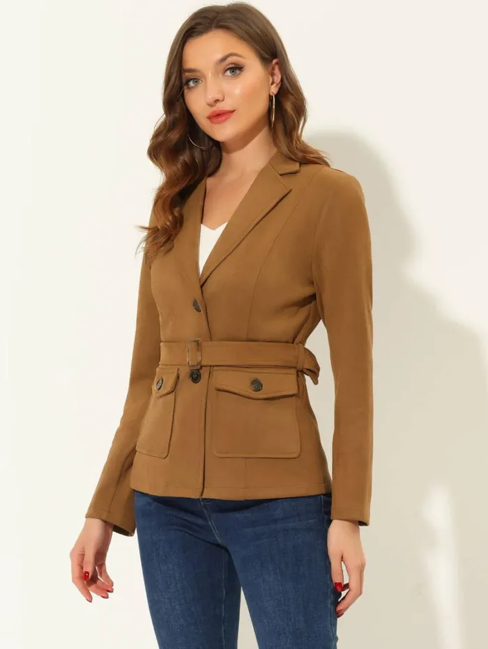 RWandCO Blazers Allegra K Faux Suede Belted Single Breasted Blazer Jacket Coat Brown 8211 Women RWandCO Blazers Allegra K Faux Suede Belted Single Breasted Blazer Jacket Coat Brown 8211 Women