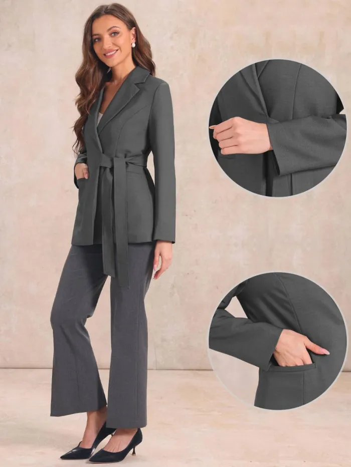 RWandCO Blazers Allegra K Long Sleeve Belted Jacket Suit Blazer Dark Gray 8211 Women