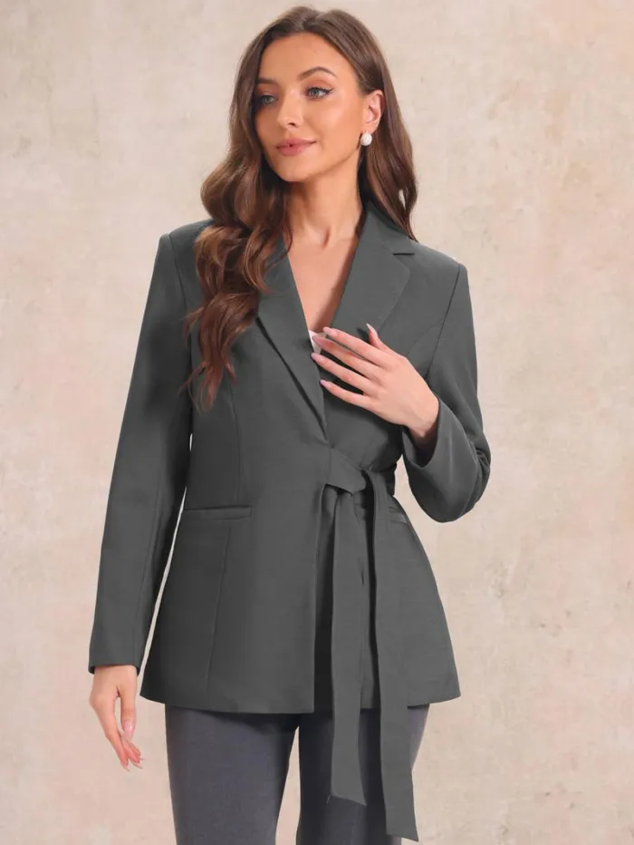 RWandCO Blazers Allegra K Long Sleeve Belted Jacket Suit Blazer Dark Gray 8211 Women