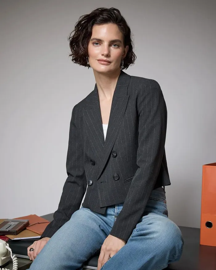 RWandCO Blazers Striped DoubleBreasted Cropped Blazer Grey Striped 8211 Women RWandCO Blazers Striped DoubleBreasted Cropped Blazer Grey Striped 8211 Women