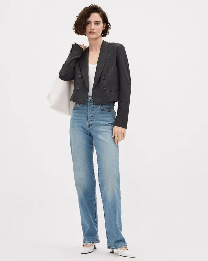RWandCO Blazers Striped DoubleBreasted Cropped Blazer Grey Striped 8211 Women RWandCO Blazers Striped DoubleBreasted Cropped Blazer Grey Striped 8211 Women