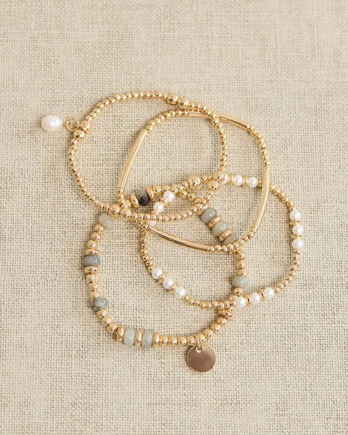 RWandCO Bracelets and Rings Elastic Bracelets With Beads And SemiPrecious Stones 8211 Set Of 4 Gold 8211 Women
