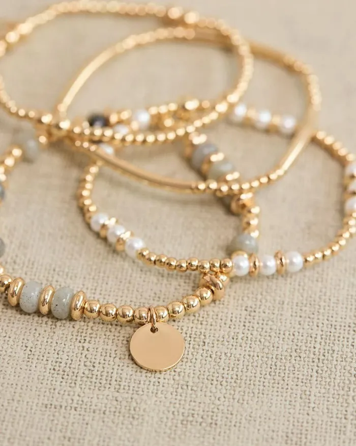 RWandCO Bracelets and Rings Elastic Bracelets With Beads And SemiPrecious Stones 8211 Set Of 4 Gold 8211 Women RWandCO Bracelets and Rings Elastic Bracelets With Beads And SemiPrecious Stones 8211 Set Of 4 Gold 8211 Women