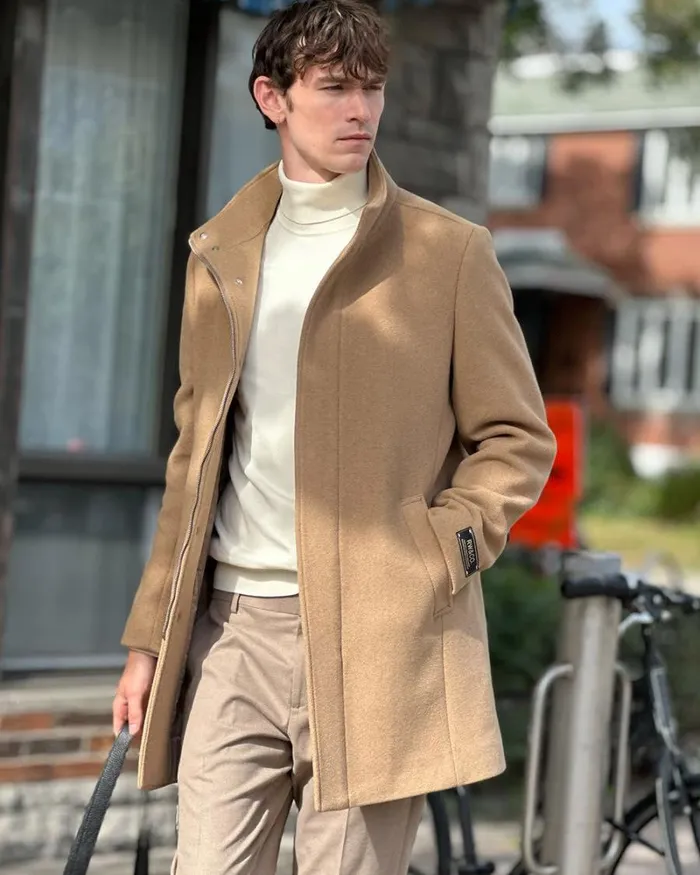 RWandCO Coats and Jackets Classic Solid MockNeck Wool Coat With Dickey Camel 8211 Men RWandCO Coats and Jackets Classic Solid MockNeck Wool Coat With Dickey Camel 8211 Men