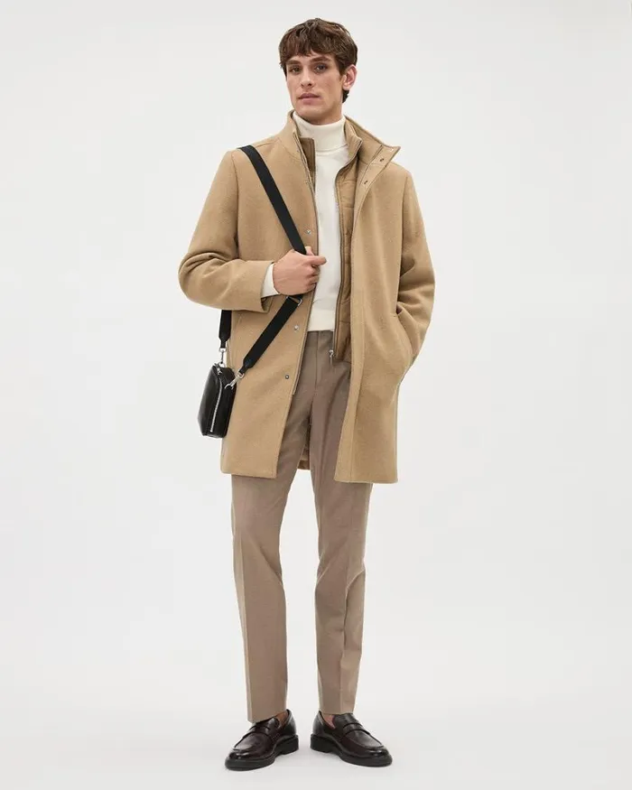 RWandCO Coats and Jackets Classic Solid MockNeck Wool Coat With Dickey Camel 8211 Men RWandCO Coats and Jackets Classic Solid MockNeck Wool Coat With Dickey Camel 8211 Men
