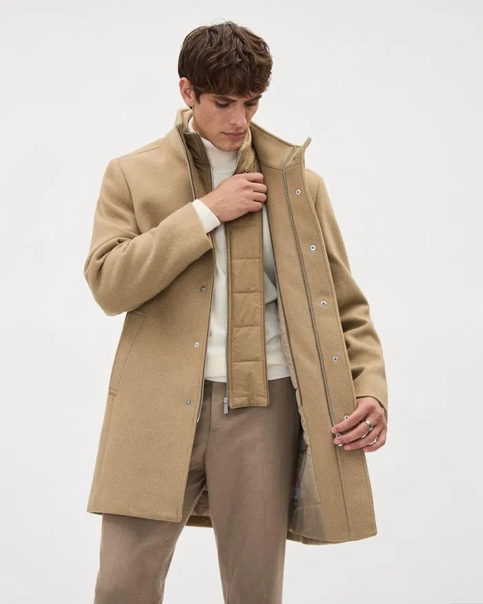 RWandCO Coats and Jackets Classic Solid MockNeck Wool Coat With Dickey Camel 8211 Men RWandCO Coats and Jackets Classic Solid MockNeck Wool Coat With Dickey Camel 8211 Men