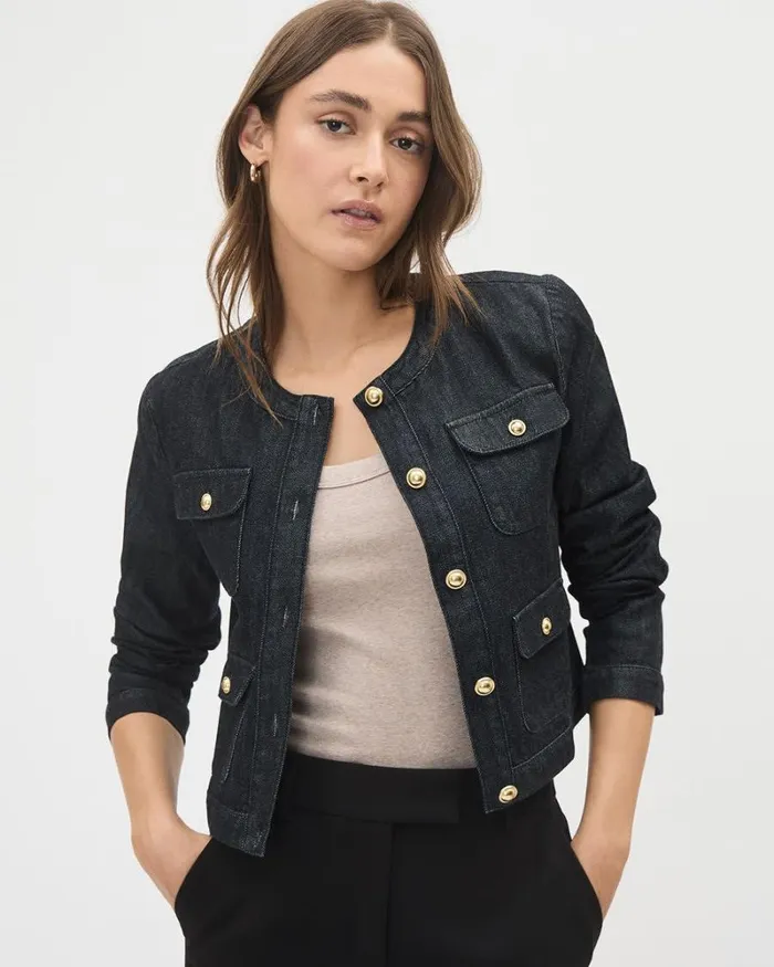 RWandCO Coats and Jackets Cropped Denim Jacket With Golden Buttons Raw Denim 8211 Women RWandCO Coats and Jackets Cropped Denim Jacket With Golden Buttons Raw Denim 8211 Women