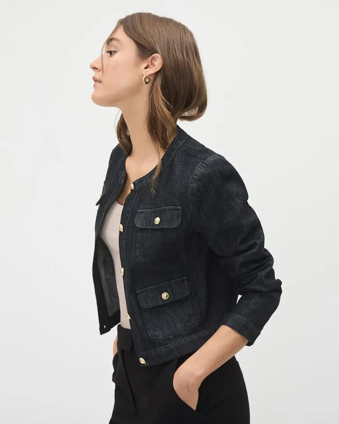 RWandCO Coats and Jackets Cropped Denim Jacket With Golden Buttons Raw Denim 8211 Women RWandCO Coats and Jackets Cropped Denim Jacket With Golden Buttons Raw Denim 8211 Women