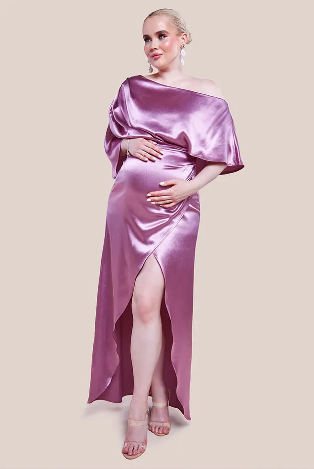 RWandCO Dresses and Jumpsuits Goddiva 8211 Satin Drape Shoulder Wrap Maxi Dress 8211 Maternity Blush 8211 Women RWandCO Dresses and Jumpsuits Goddiva 8211 Satin Drape Shoulder Wrap Maxi Dress 8211 Maternity Blush 8211 Women