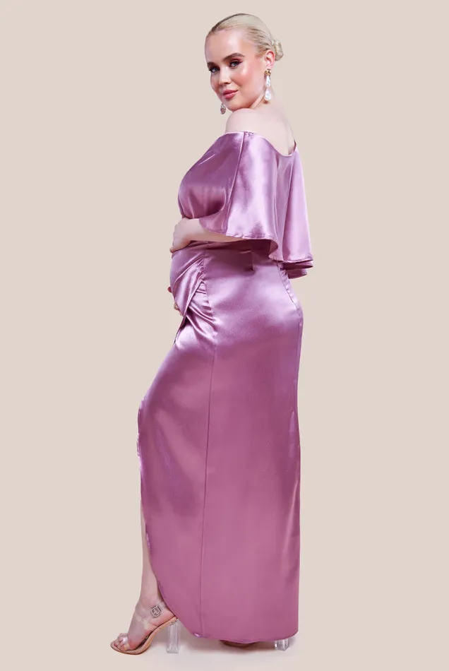 RWandCO Dresses and Jumpsuits Goddiva 8211 Satin Drape Shoulder Wrap Maxi Dress 8211 Maternity Blush 8211 Women RWandCO Dresses and Jumpsuits Goddiva 8211 Satin Drape Shoulder Wrap Maxi Dress 8211 Maternity Blush 8211 Women