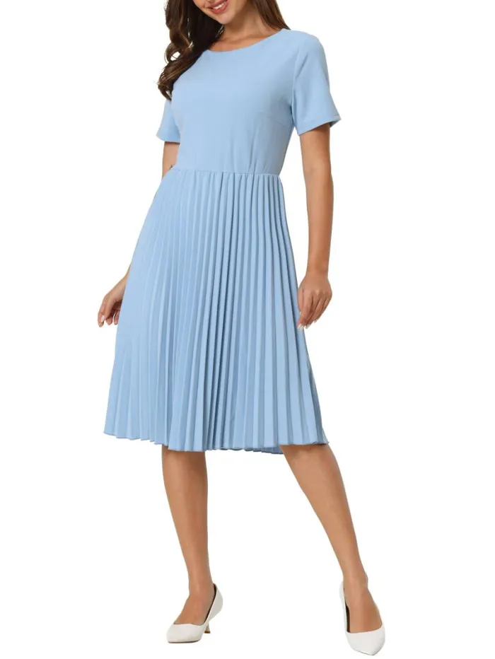 RWandCO Dresses Hobemty Short Sleeve Pleated Midi ALine Dress Blue 8211 Women