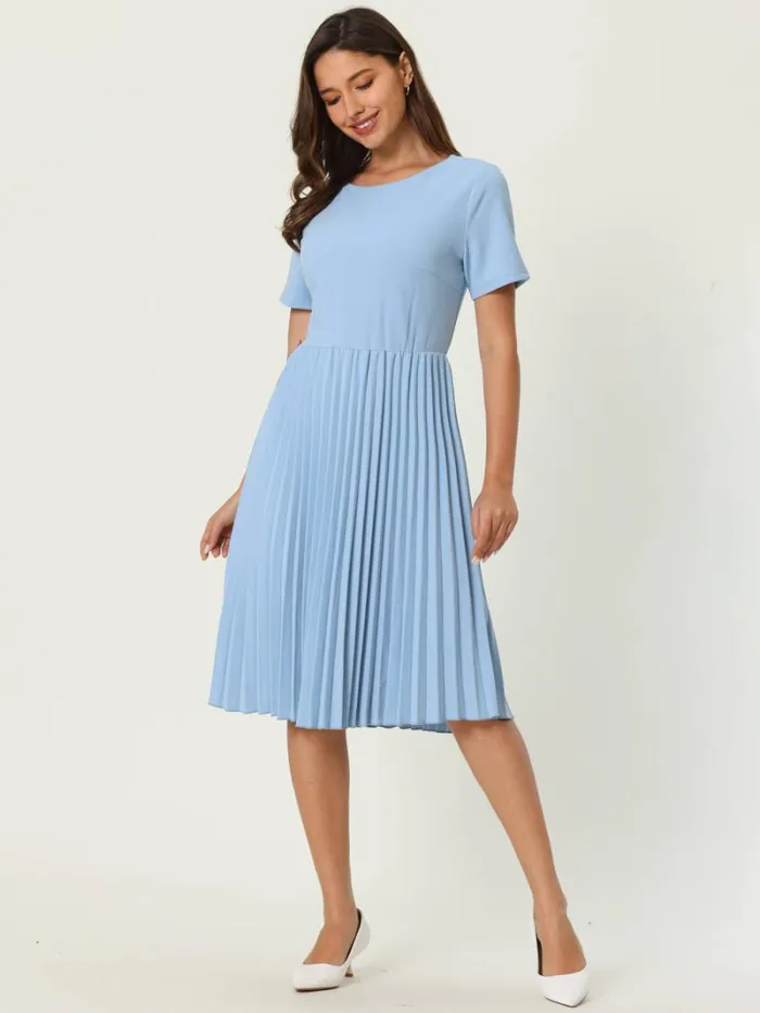 RWandCO Dresses Hobemty Short Sleeve Pleated Midi ALine Dress Blue 8211 Women