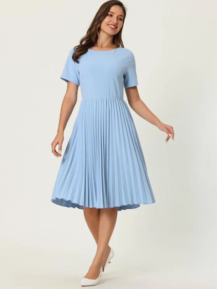 RWandCO Dresses Hobemty Short Sleeve Pleated Midi ALine Dress Blue 8211 Women