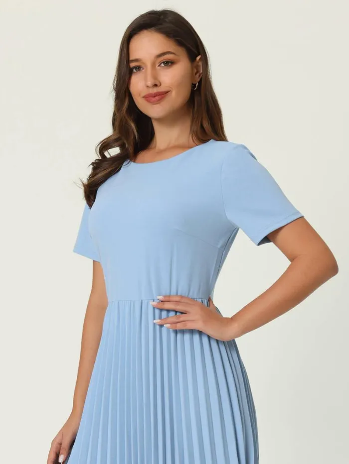 RWandCO Dresses Hobemty Short Sleeve Pleated Midi ALine Dress Blue 8211 Women