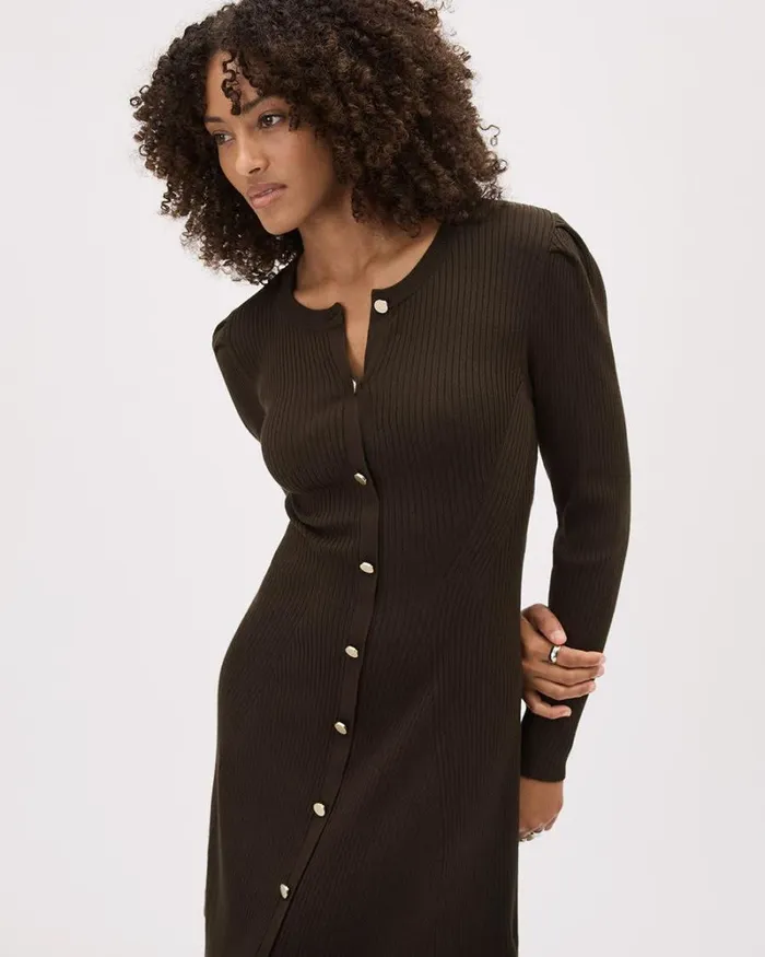 RWandCO Dresses LongSleeve Fit And Flare ButtonedDown Ribbed Dress Coffee Bean 8211 Women RWandCO Dresses LongSleeve Fit And Flare ButtonedDown Ribbed Dress Coffee Bean 8211 Women