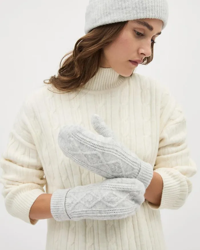 RWandCO Hats Gloves and Scarves CableKnit Mitts With Fleece Lining Light Grey Mix8211 8211 Women RWandCO Hats Gloves and Scarves CableKnit Mitts With Fleece Lining Light Grey Mix8211 8211 Women