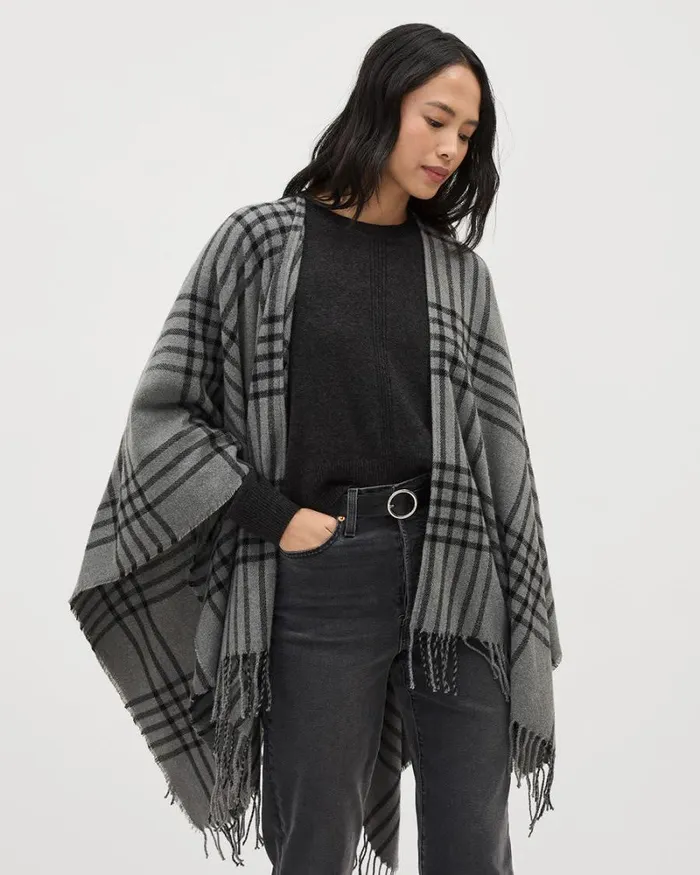 RWandCO Hats Gloves and Scarves Plaid Poncho With Fringe Med Grey Mix 8211 8211 Women RWandCO Hats Gloves and Scarves Plaid Poncho With Fringe Med Grey Mix 8211 8211 Women