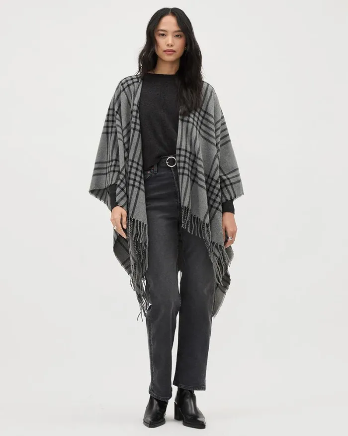 RWandCO Hats Gloves and Scarves Plaid Poncho With Fringe Med Grey Mix 8211 8211 Women