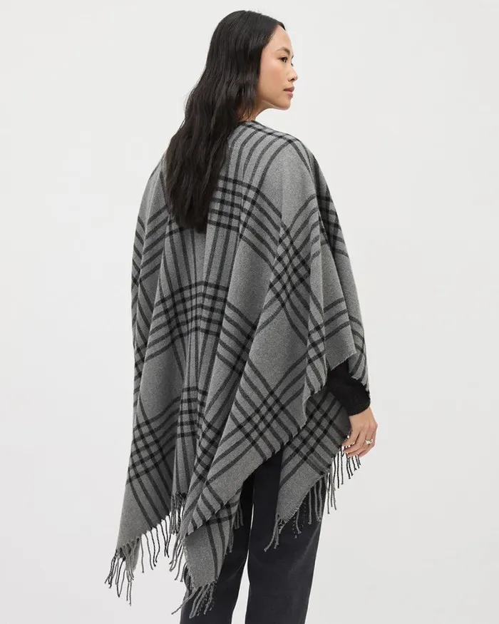 RWandCO Hats Gloves and Scarves Plaid Poncho With Fringe Med Grey Mix 8211 8211 Women
