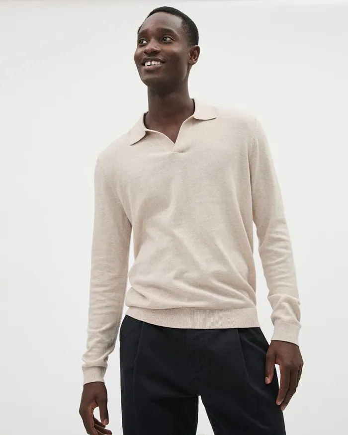RWandCO Polos LongSleeve Cotton Sweater Polo With Johnny Collar Htr Light Beige 8211 Men RWandCO Polos LongSleeve Cotton Sweater Polo With Johnny Collar Htr Light Beige 8211 Men