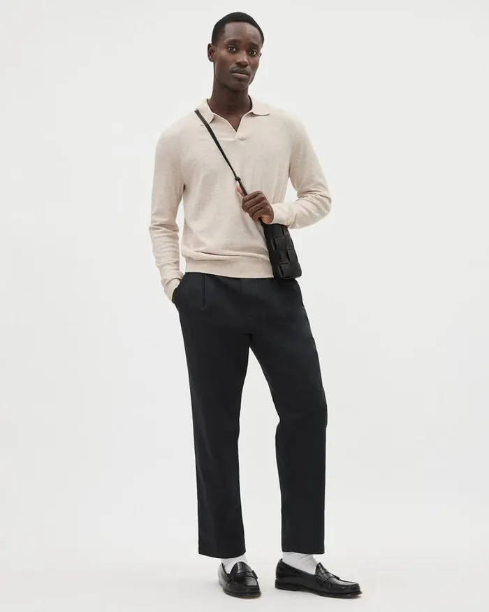 RWandCO Polos LongSleeve Cotton Sweater Polo With Johnny Collar Htr Light Beige 8211 Men RWandCO Polos LongSleeve Cotton Sweater Polo With Johnny Collar Htr Light Beige 8211 Men