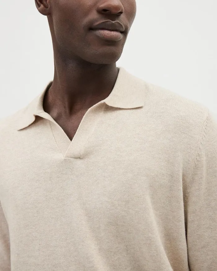 RWandCO Polos LongSleeve Cotton Sweater Polo With Johnny Collar Htr Light Beige 8211 Men RWandCO Polos LongSleeve Cotton Sweater Polo With Johnny Collar Htr Light Beige 8211 Men