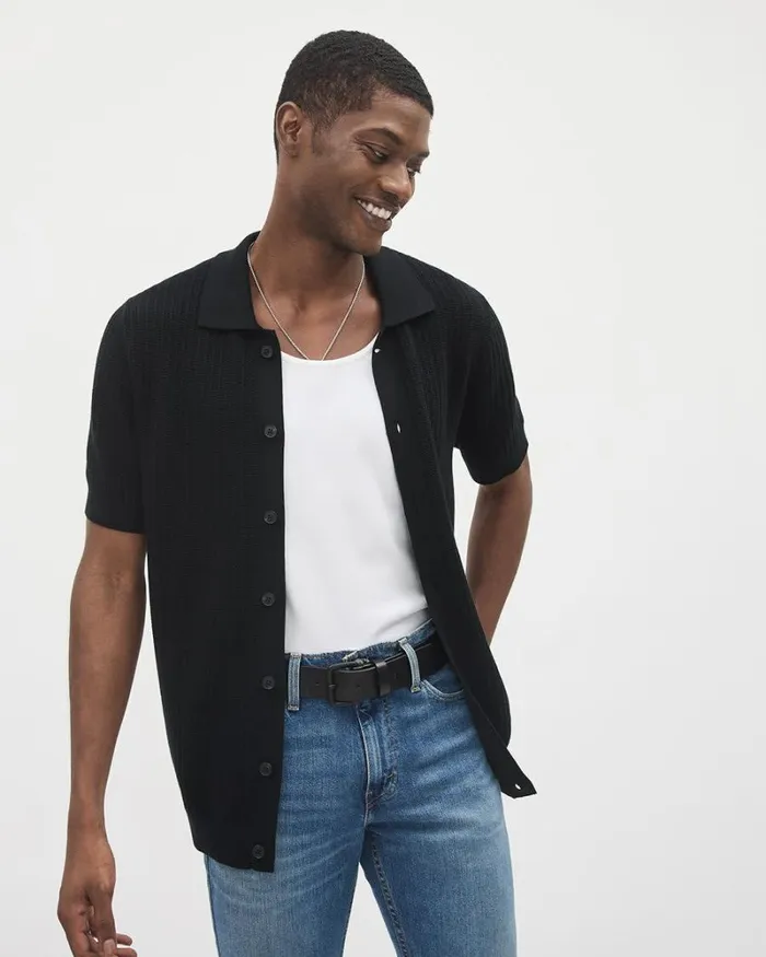 RWandCO Polos ShortSleeve ButtonedDown Cotton Polo Sweater With Camp Collar Black 8211 Men RWandCO Polos ShortSleeve ButtonedDown Cotton Polo Sweater With Camp Collar Black 8211 Men