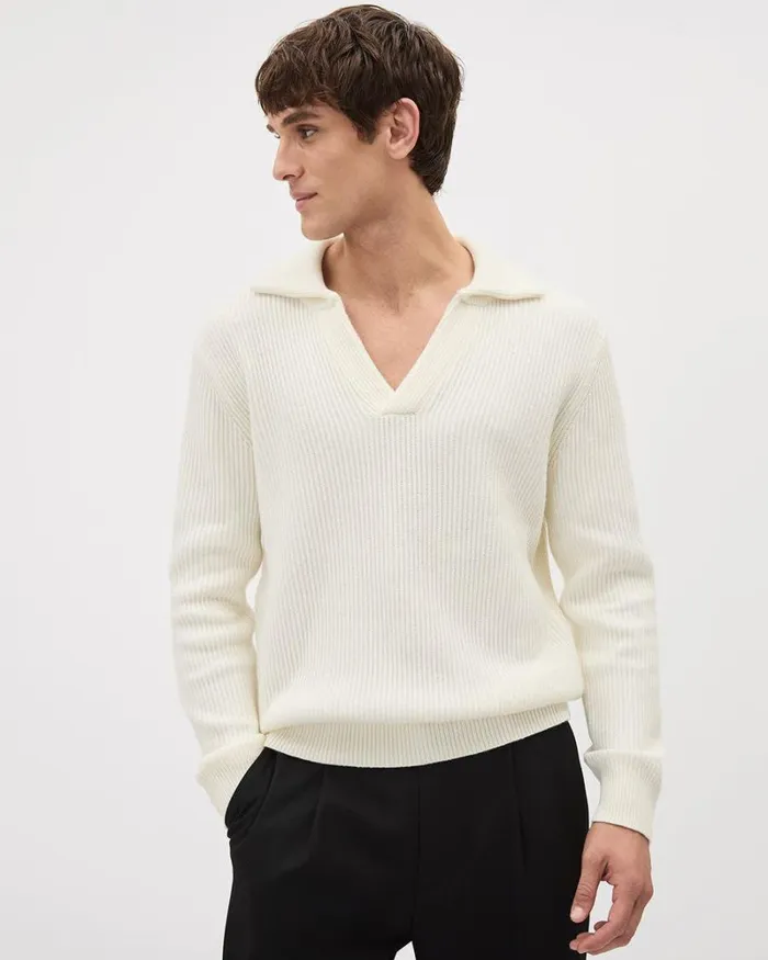 RWandCO Polos WoolBlend Ribbed Sweater With Johnny Collar Off White 8211 Men