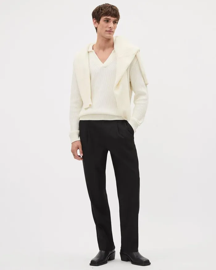 RWandCO Polos WoolBlend Ribbed Sweater With Johnny Collar Off White 8211 Men RWandCO Polos WoolBlend Ribbed Sweater With Johnny Collar Off White 8211 Men