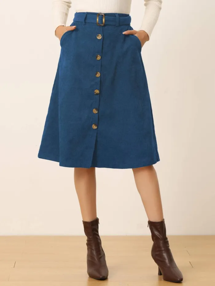 RWandCO Skirts Allegra K 8211 Button Front ALine Belted Corduroy Skirt Peacock Blue 8211 Women