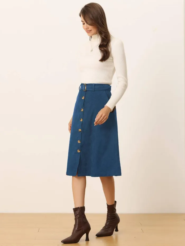 RWandCO Skirts Allegra K 8211 Button Front ALine Belted Corduroy Skirt Peacock Blue 8211 Women
