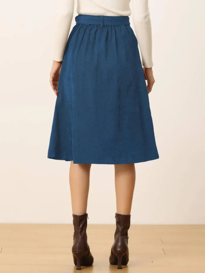 RWandCO Skirts Allegra K 8211 Button Front ALine Belted Corduroy Skirt Peacock Blue 8211 Women