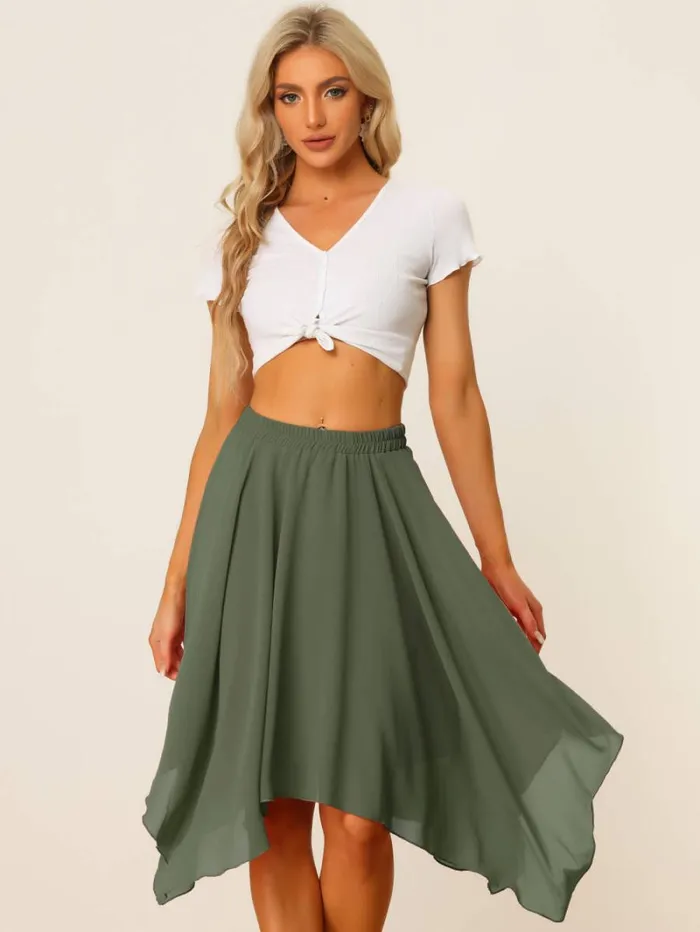 RWandCO Skirts Allegra K Elastic Waist Chiffon Handkerchief Hem Midi Skirt Army Green 8211 Women