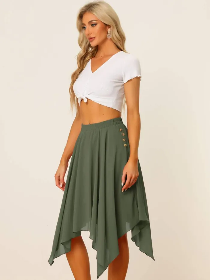 RWandCO Skirts Allegra K Elastic Waist Chiffon Handkerchief Hem Midi Skirt Army Green 8211 Women