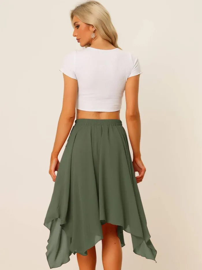 RWandCO Skirts Allegra K Elastic Waist Chiffon Handkerchief Hem Midi Skirt Army Green 8211 Women