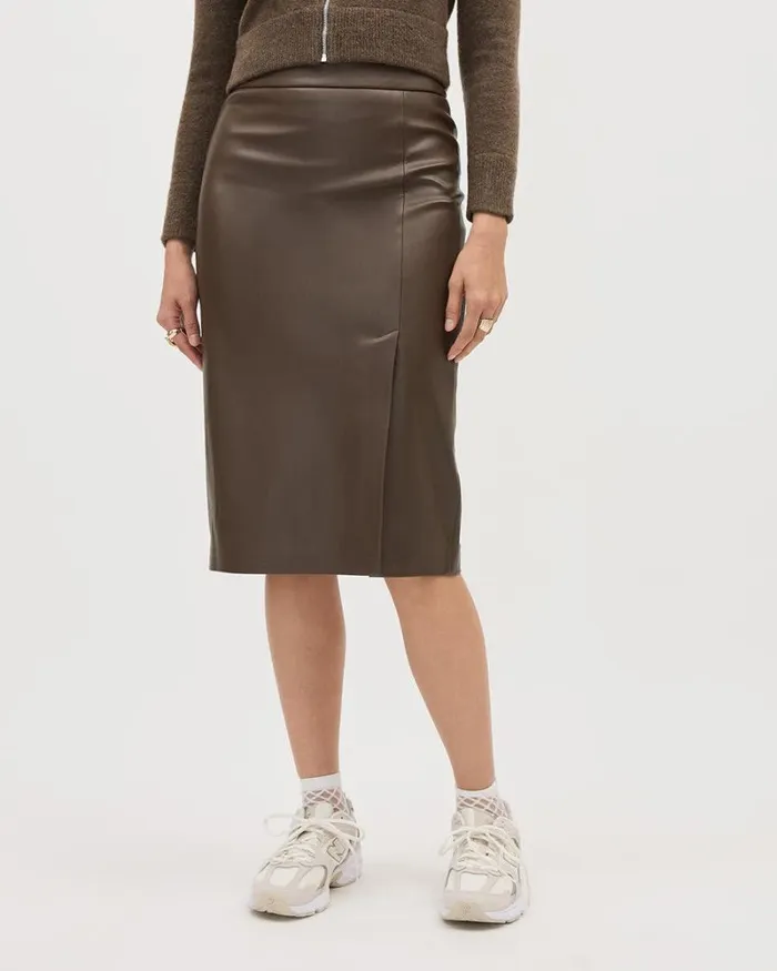 RWandCO Skirts Faux Leather Pencil Midi Skirt Major Brown 8211 Women