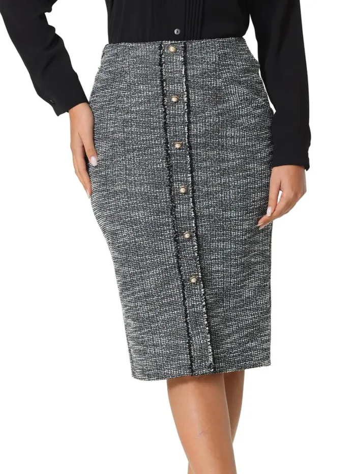 RWandCO Skirts Hobemty Button Decor Knee Length Tweed Pencil Skirt Black 8211 Women RWandCO Skirts Hobemty Button Decor Knee Length Tweed Pencil Skirt Black 8211 Women