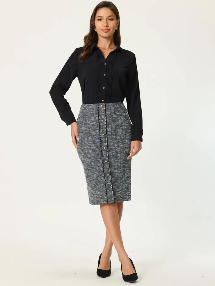 RWandCO Skirts Hobemty Button Decor Knee Length Tweed Pencil Skirt Black 8211 Women RWandCO Skirts Hobemty Button Decor Knee Length Tweed Pencil Skirt Black 8211 Women