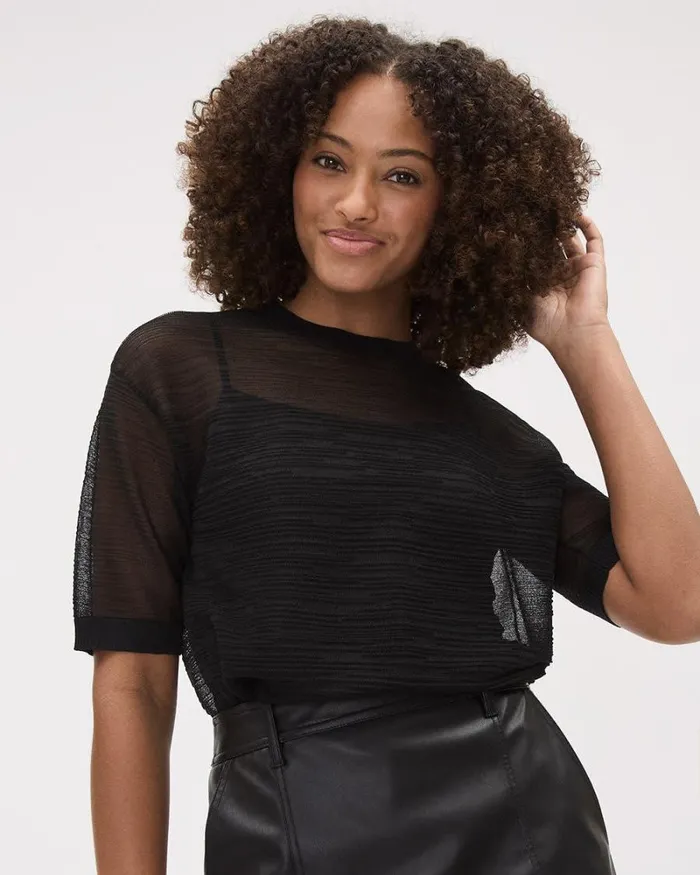 RWandCO Sweaters and Cardigans ElbowSleeve CrewNeck Sheer Textured Top Black 8211 Women RWandCO Sweaters and Cardigans ElbowSleeve CrewNeck Sheer Textured Top Black 8211 Women