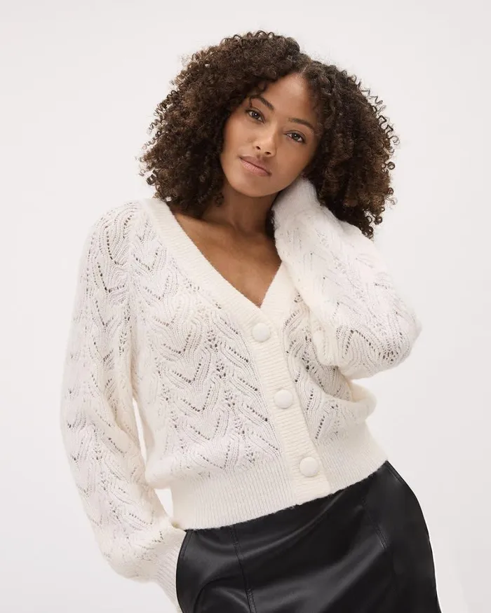 RWandCO Sweaters and Cardigans LongSleeve VNeck Cardigan With Pointelle Stitches Snow White 8211 Women RWandCO Sweaters and Cardigans LongSleeve VNeck Cardigan With Pointelle Stitches Snow White 8211 Women