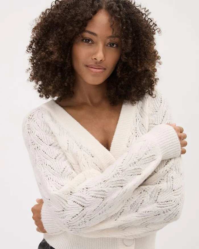 RWandCO Sweaters and Cardigans LongSleeve VNeck Cardigan With Pointelle Stitches Snow White 8211 Women RWandCO Sweaters and Cardigans LongSleeve VNeck Cardigan With Pointelle Stitches Snow White 8211 Women