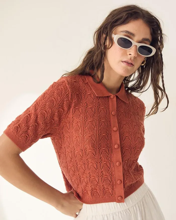 RWandCO Sweaters and Cardigans ShortSleeve ButtonedDown Crochet Top With Shirt Collar Etruscand Red 8211 Women RWandCO Sweaters and Cardigans ShortSleeve ButtonedDown Crochet Top With Shirt Collar Etruscand Red 8211 Women