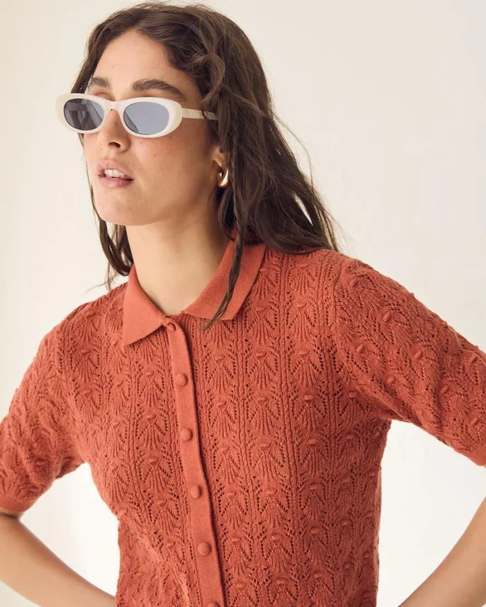 RWandCO Sweaters and Cardigans ShortSleeve ButtonedDown Crochet Top With Shirt Collar Etruscand Red 8211 Women RWandCO Sweaters and Cardigans ShortSleeve ButtonedDown Crochet Top With Shirt Collar Etruscand Red 8211 Women